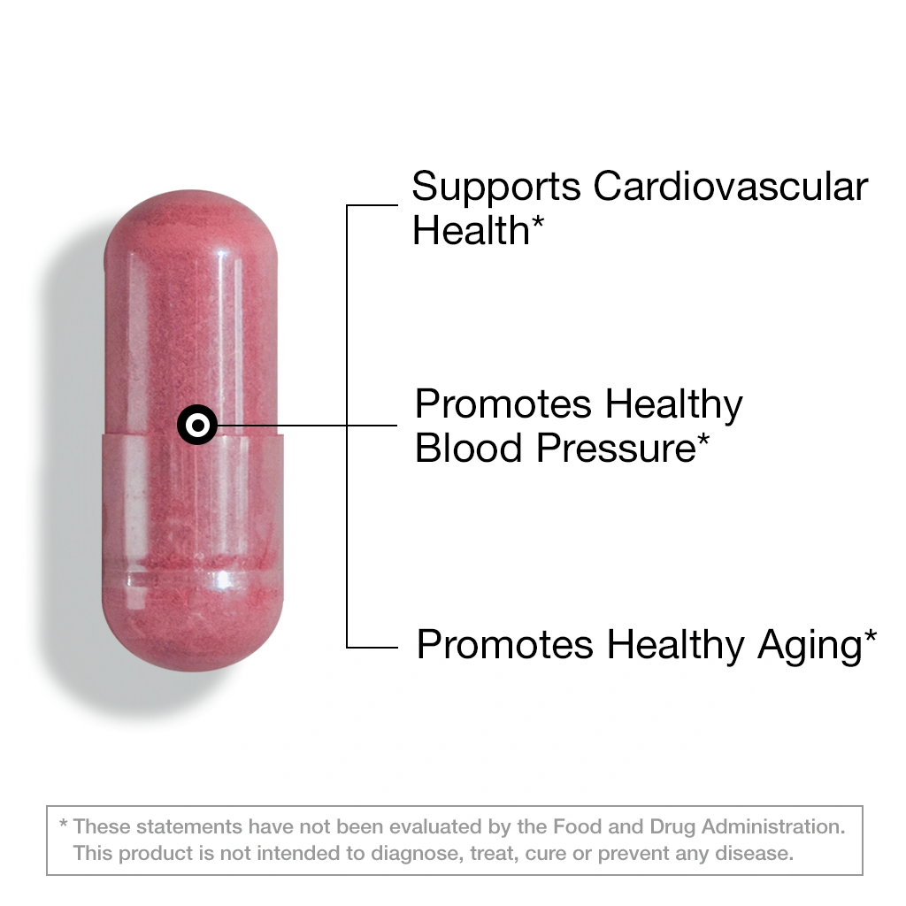 Pink capsule with health benefits text on a white background