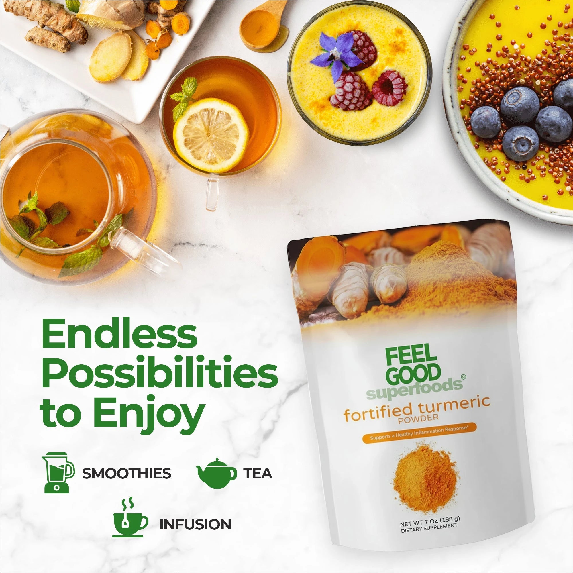 Turmeric Root Powder - Fortified (7 oz) Superfood Smoothie Boosters Feel Good Superfoods