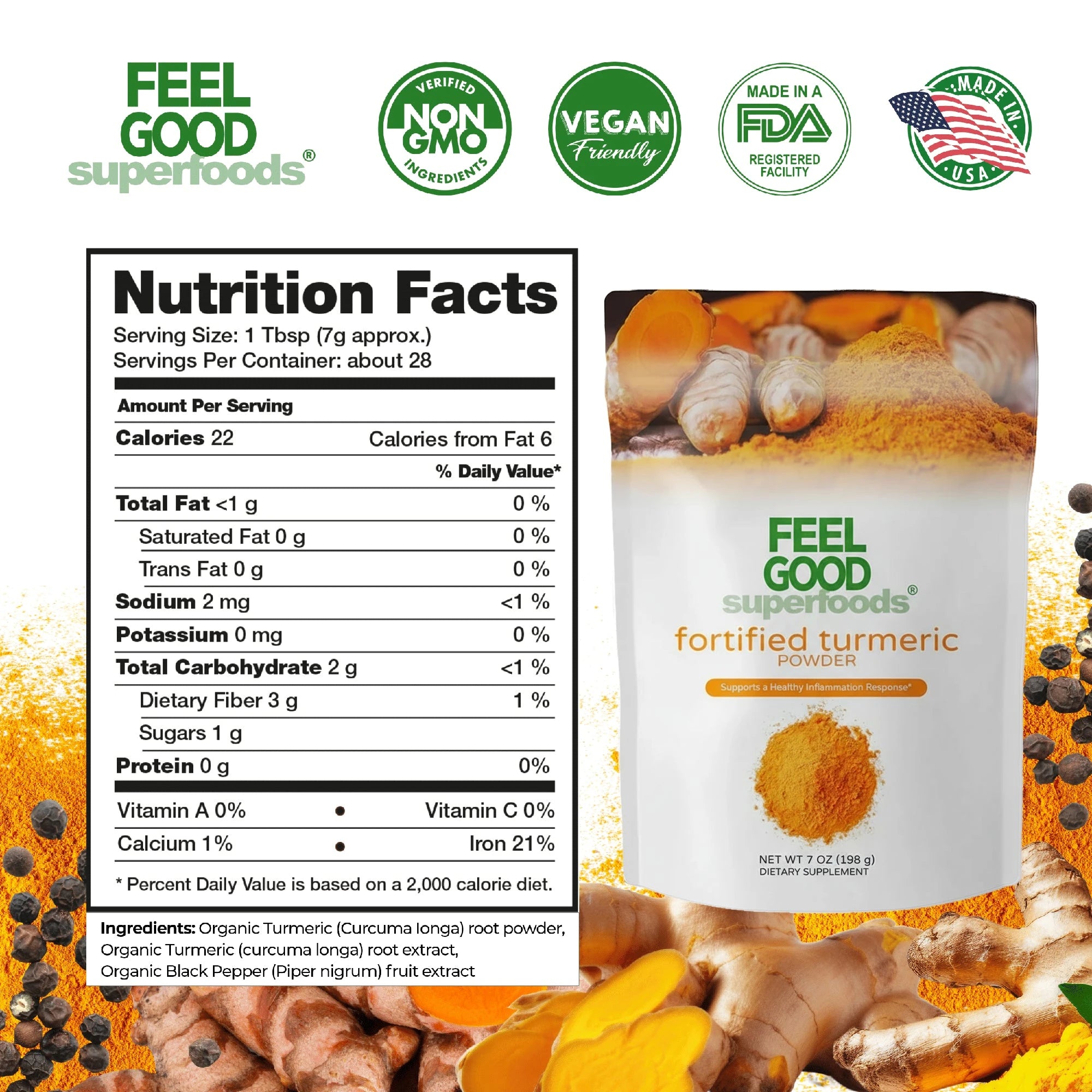 Turmeric Root Powder - Fortified (7 oz) Superfood Smoothie Boosters Feel Good Superfoods